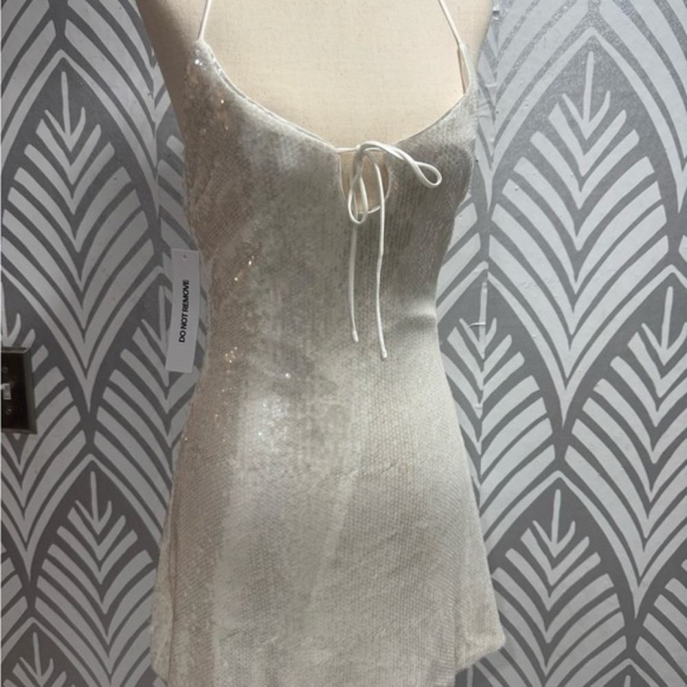 Princess Polly White Sequin Halter Mini Dress Open Back Front Tie US 4 - Picture 7 of 8
